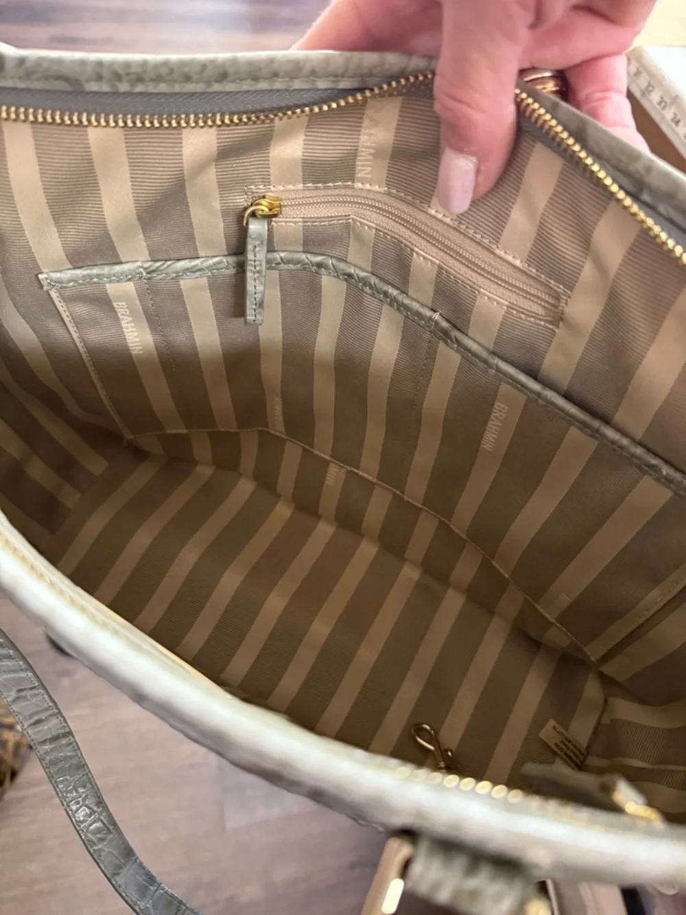 Brahmin Medium Asher Tote Embossed Croc Leather Sage and Tarama Two Tone